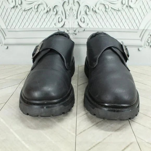 Skechers Black Leather Slip-on Round Toe Buckled Casual Shoes Size 7.5 - Picture 4 of 9